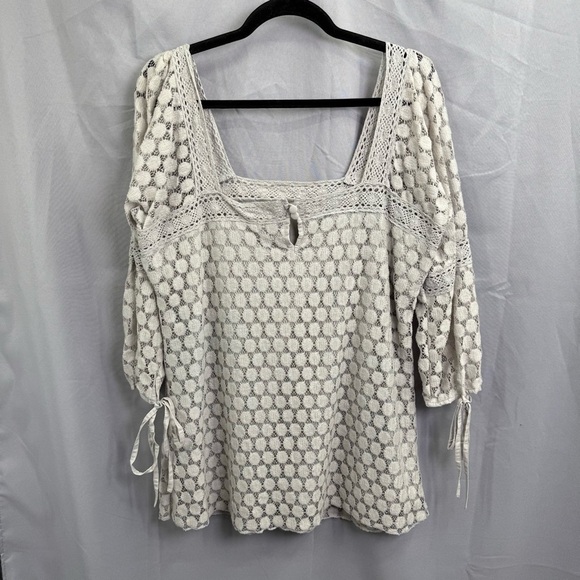 NWT Solitaire Gray Embroidered Boho Top Square Neckline 3/4 Tie Sleeves Size XL - Picture 4 of 12